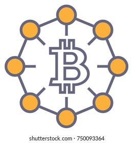 Dark symbol of bitcoin isolated on white background with blockchain