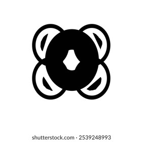 A dark, symmetrical design with a central circle and four smaller circles surrounding it.

