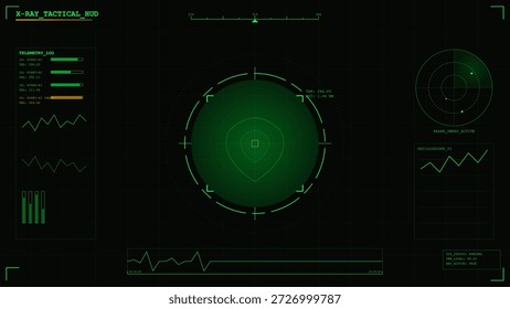 A dark tactical interface shows a variety of data points and graphs on a heads-up display. Different readings are visible, indicating various signals and metrics.