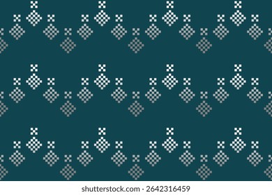 Dark teal background with geometric folk diamond motifs in light gray. Seamless ethnic pattern perfect for textiles or digital designs.