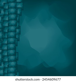 Dark teal background with a vertical row of overlapping, translucent squares in various shades of teal. Squares have a subtle metallic sheen and decrease in size towards the bottom.