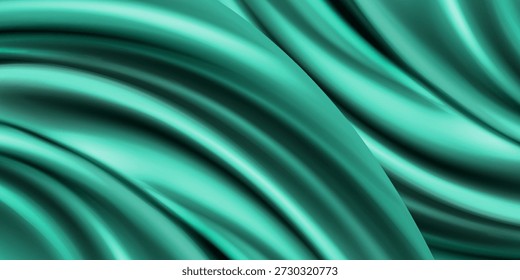 Satén de seda verde esmeralda verde azulado oscuro. Tejido liso brillante. Pliegues suaves. Fondo de lujo con espacio para el diseño. Anuncio de Web. Mesa plana, vista superior. Cumpleaños, Navidades, San Valentín, año Nuevo.
