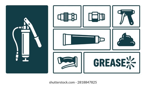 Dark teal grease gun icon set with lubricant applicator, coupler, trigger, tube, and handle. Professional flat vector clipart for industrial maintenance and mechanical repair.