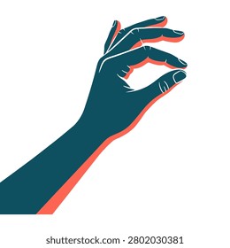 A dark teal hand with orange highlights performing a pinching or picking motion against a plain background in a modern graphic art style
