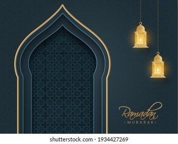 Dark Teal Islamic Pattern Background With Paper Layer Cut Mosque Door And Hanging Golden Lanterns For Ramadan Mubarak Concept.
