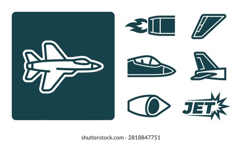 Dark Teal Minimalist Jet Plane Icon Set with Flat Vector Graphics of Aviation Components Like Engine Wing Cockpit and Tail Sections for Design Projects on White Background