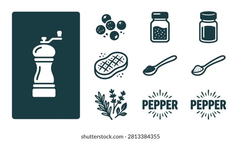 Dark teal pepper grinder icon set featuring spice jars, peppercorns, grilled steak, seasoning spoons, and herbs. Minimal flat vector illustration on a white background for kitchen branding.