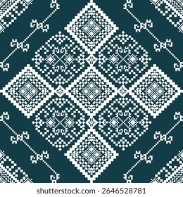 Dark Teal Pixel Pattern Background: Intricate White Geometric Design Seamless Vector for Ethnic Textiles, Decorations, and Creative Projects