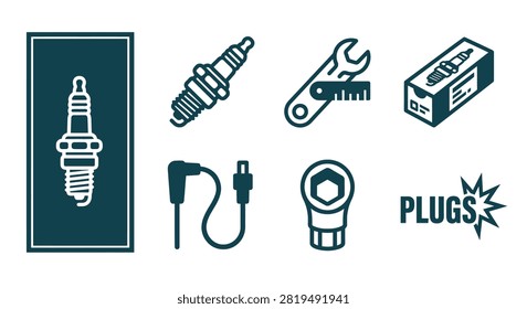 Dark Teal Spark Plug Icon Set for Automotive Maintenance Featuring Ignition Components, Gap Tool, Socket, Wire, Packaging Box, and Flat Vector Graphic Illustrations on White.