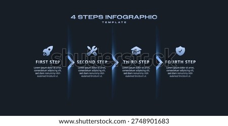 Dark Tech Arrow Infographic with Blue Neon Gradient, 4 Step Business Development Timeline, Abstract Vector Illustration for Presentation, Workflow, and Data Visualization