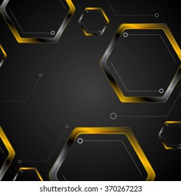 Dark tech background with black orange hexagons. Vector illustration eps 10