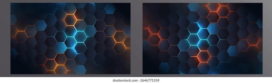 Um fundo tecnológico escuro com uma grade hexagonal e inserções brilhantes de azul, laranja e vermelho. Ótimo para capas, interfaces e projetos cyberpunk.