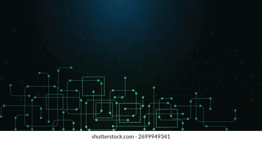 Dark tech background with neon dotted circuit lines and rounded-square nodes on green to blue gradient, abstract network grid for AI, data, cybersecurity, banner template, vector