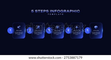 Dark Tech Infographic Template with Black Blue Gradient Liquid Glassmorphism, 5 Step Timeline Process Diagram with Icons, Business Vector for Presentation, Workflow Layout, Banner, Flowchart, Data Infographic