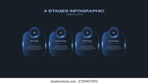 Plantilla de infografía Dark Tech con iconos y diagrama de degradado, diseño de flujo de trabajo de Vector de 4 pasos para presentaciones, Anuncios, diagramas de flujo, informes comerciales, Elementos de diseño de interfaz de usuario, paquete de estilo digital moderno Pro