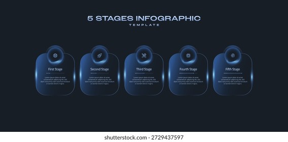 Plantilla de infografía de tecnología oscura con iconos y diagrama de degradado, diseño de flujo de trabajo de Vector de 5 pasos para presentaciones, Anuncios, diagramas de flujo, informes comerciales, Elementos de diseño de interfaz de usuario, paquete de estilo digital moderno Pro