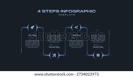 Dark Tech Infographic Template with Icons and Gradient Diagram, 4 Step Vector Workflow Layout for Presentations, Banners, Flowcharts, Business Reports, UI Design Assets, Modern Digital Style Pack Pro