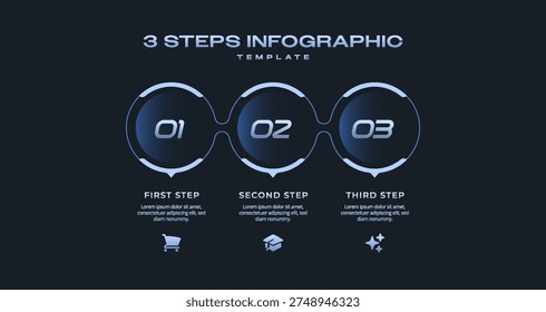 Dark Tech Pitch Deck Infographic with Connected Line Circles in Horizontal Row, 3 Step Startup Business Timeline Template, Abstract Vector Illustration for Report, Workflow, Visualization, and Presentation
