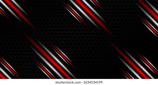 Dark tech vector background with glowing red and silver slashes over a hexagonal grid. Perfect for gaming, cyber, or futuristic themes.
