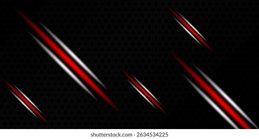 Dark tech vector background with glowing red and silver slashes over a hexagonal grid. Perfect for gaming, cyber, or futuristic themes.