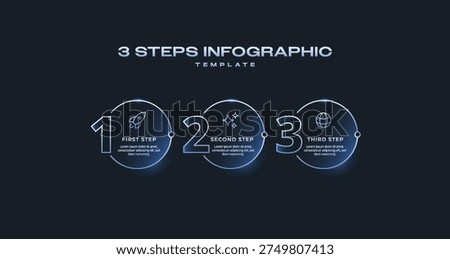 Dark Tech Vector Infographic Label Template with Neon Blue Gradient, Icons and Numbers, 3 Options or Steps for Process Diagram, Presentation, Workflow Layout, Banner, Flowchart, and Data Visualization