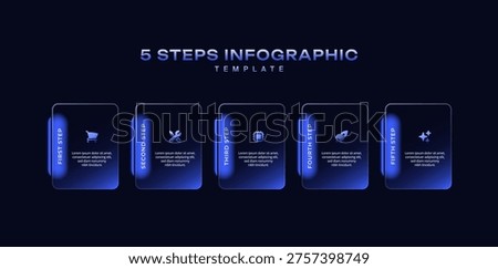 Dark Tech Vector Infographic Label Design with Blue Gradient Background, 5 Step Process Timeline with Icons and Numbers for Workflow, Presentation, Banner Layout, and Data Visualization