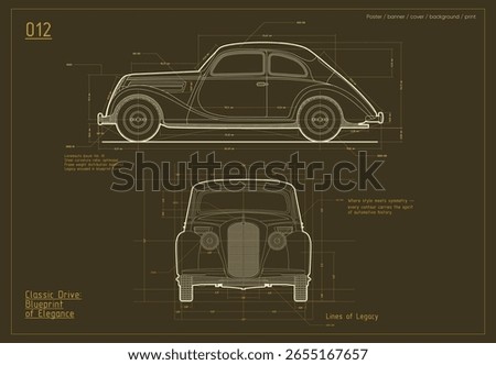 Dark technical blueprint of a classic coupe featuring side and front views. Elegant automotive symmetry and vintage design for prints, backgrounds, or engineering covers.