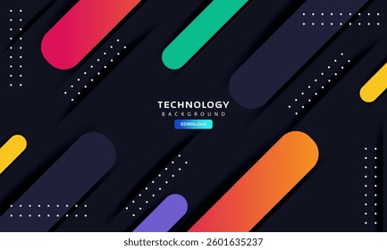 Dark technology background with dynamic diagonal 3D rounded shapes in vibrant colors (red, green, blue, yellow, orange, purple). Features white dotted patterns