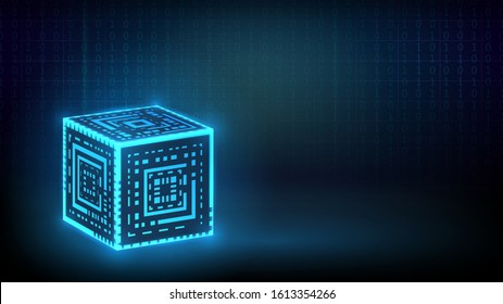 Dark Technology Background With Glowing Blue Neon Cube, Encryption Technology And Computer Security Concept, Futuristic Box Or Block