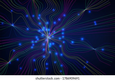 Dark technology data network lines background with shine. Visualization of these particles. Musical background. Vector illustration.