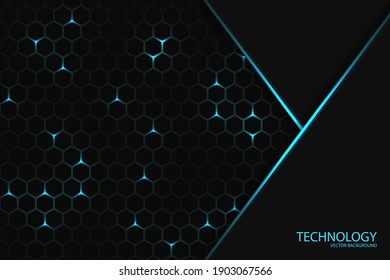 Dark technology hexagonal background. Geometric shape on a honeycomb grid. Blue bright energy flashing under the hexagon in dark tech modern abstract futuristic background illustration.