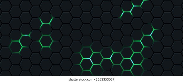 Dark technology hexagonal vector abstract background. Green bright energy flashes under hexagon in dark technology futuristic modern background vector illustration. Gray honeycomb texture grid.
