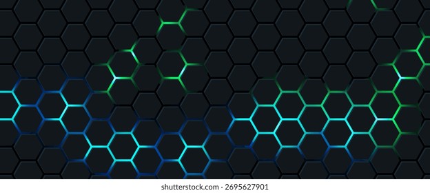 Tecnologia escura vetor hexagonal abstrato fundo. A energia verde brilhante pisca sob o hexágono na ilustração vetorial futurista moderna do fundo da tecnologia escura. Grade de textura de favo de mel cinza.
