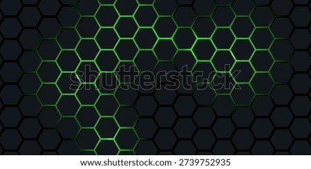 Dark technology hexagonal vector abstract background. Green bright energy flashes under hexagon in dark technology futuristic modern background vector illustration. Gray honeycomb texture grid. 