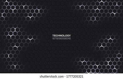 Dark technology hexagonal vector background. Abstract white bright energy flashes under hexagon in dark technology modern futuristic background. Gray and white honeycomb texture grid.