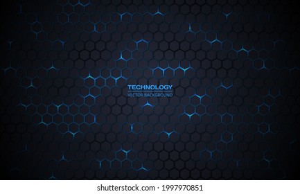 Dark technology hexagonal vector background. Abstract blue bright energy flashes under hexagon in dark technology modern futuristic background vector illustration. Dark gray honeycomb texture grid.