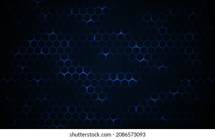 Dark technology hexagonal vector background. Abstract blue bright energy flashes under hexagon in dark technology modern futuristic background vector illustration. Dark blue honeycomb texture grid.