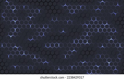 Dark technology hexagonal vector background. Abstract light energy flashes under hexagon in dark technology modern futuristic background vector illustration. Dark gray honeycomb texture grid.