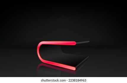 Dark technology podium for product presentation. Futuristic sci-fi blank platform pedestal. Black scientific podium with white neon lights. 3D vector template.