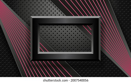 La tecnología oscura estriba el fondo texturado con un marco 3d. Marco metálico negro sobre el fondo perforado