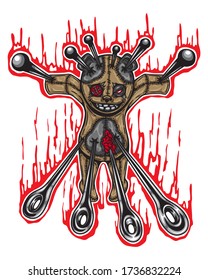 Dark teddy bear vector illustration Colored Of voodoo That was stabbed in some voodoo rituals