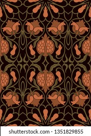 Dark template for carpet, textile. Oriental floral ornament with pomegranate. Pattern with ornamental flowers.