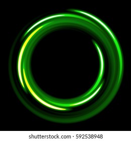 Dark template with green  circles spirals. green shinning rings on dakr background. Dark template with green circles with place for your text.
