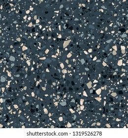 Dark terrazzo flooring seamless texture. Realistic vector pattern of mosaic floor with natural stones, granite, marble, quartz. Classic Italian flooring surface with blue, green, black, golden chips
