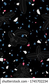 Dark terrazzo stone texture and outline tropical flowers, black and white dark tropic vibe seamless pattern background