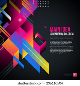 Dark text background with abstract geometric element and glowing lights. Corporate futuristic design, useful for presentations, advertising and web layouts. EPS10 vector template.