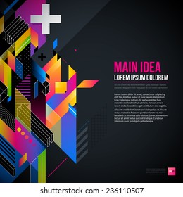 Dark text background with abstract geometric element and glowing lights. Corporate futuristic design, useful for presentations, advertising and web layouts. EPS10 vector template.