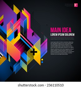 Dark text background with abstract geometric element and glowing lights. Corporate futuristic design, useful for presentations, advertising and web layouts. EPS10 vector template.