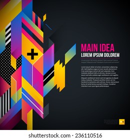 Dark text background with abstract geometric element and glowing lights. Corporate futuristic design, useful for presentations, advertising and web layouts. EPS10 vector template.