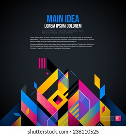 Dark text background with abstract geometric element and glowing lights. Corporate futuristic design, useful for presentations, advertising and web layouts. EPS10 vector template.